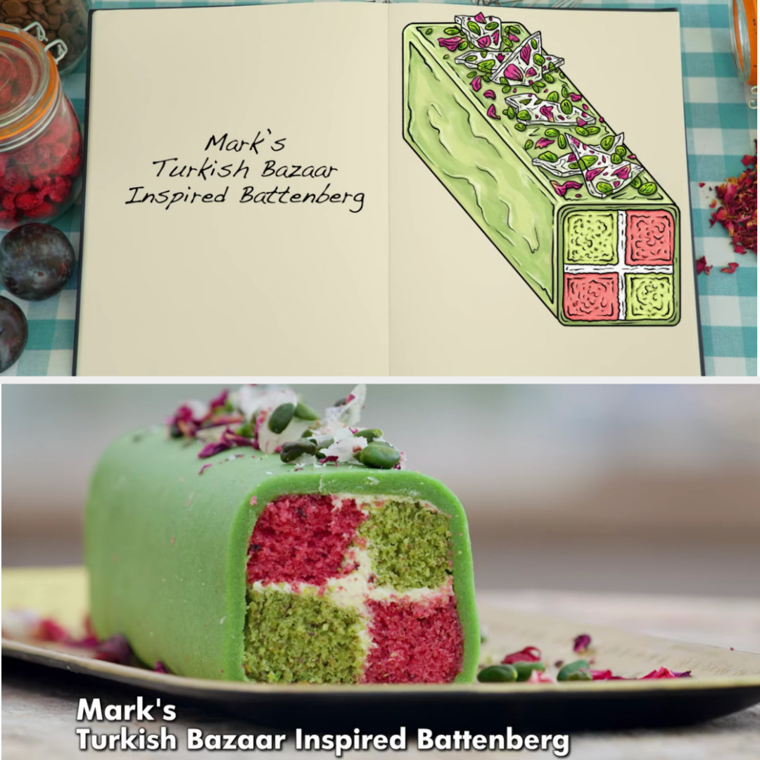 A drawing of Mark&#x27;s Pistachio and Cardamom and Pomegranate and orange sponges with almond and orange marzipan side-by-side with his finished product