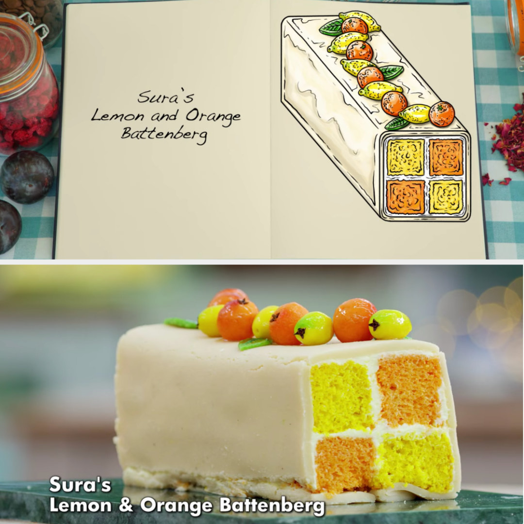 A drawing of Sura&#x27;s lemon and orange battenberg decorated with marzipan lemons and oranges side-by-side with her finished product