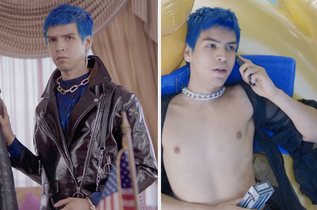 Andres wearing a patent leather jacket over a velvet blue shirt and Andres lounging in a pool with a sheer cover-up