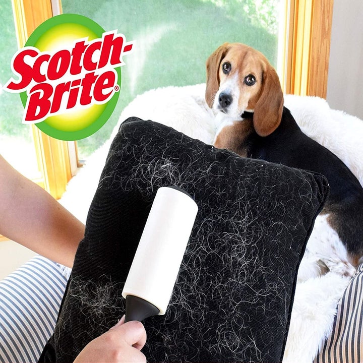 Model using a lint roller to pick up pet hair on a black pillow; there's a dark black stripe where they've rollered