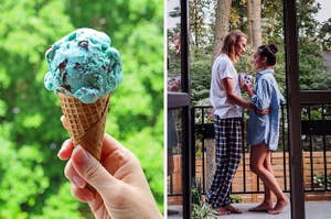 On the left, someone holds a mint chocolate chip ice cream cone, and on the right, a couple wears pajamas and stares loving into each other's eyes as they stand on the back porch