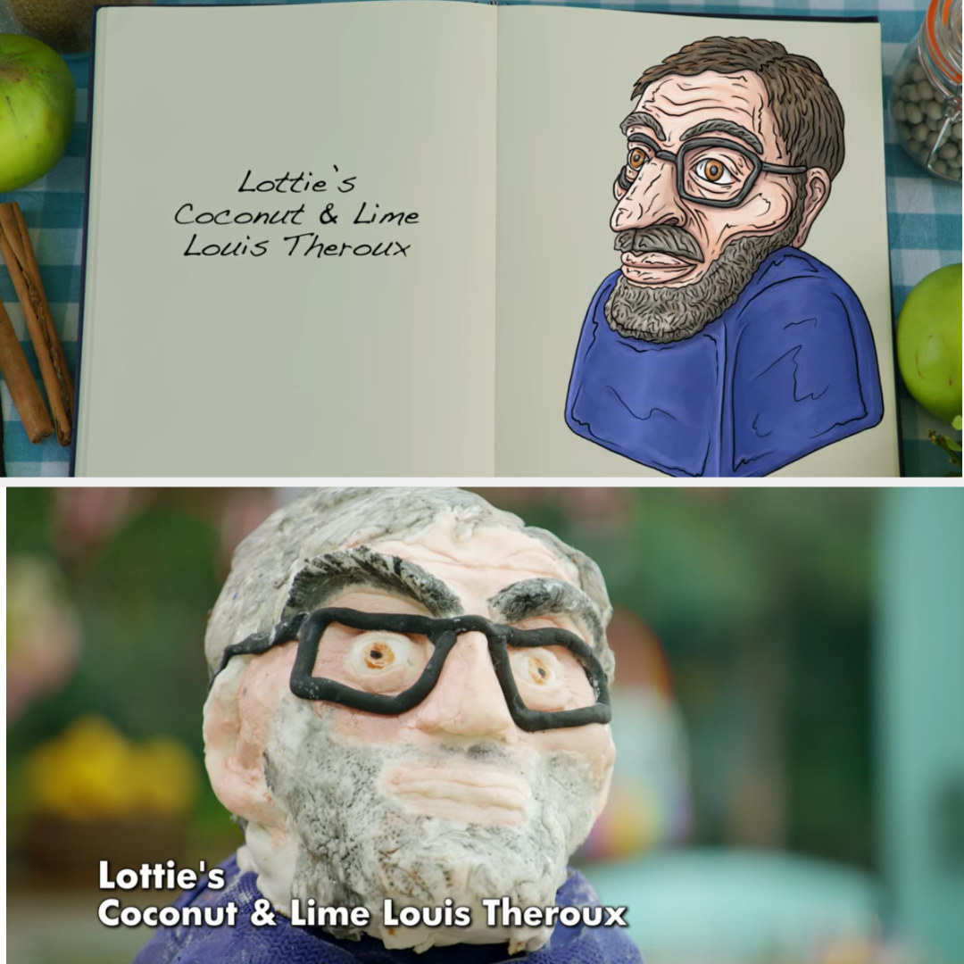 A drawing of Lottie&#x27;s Louis Theroux bust side-by-side with her finished product