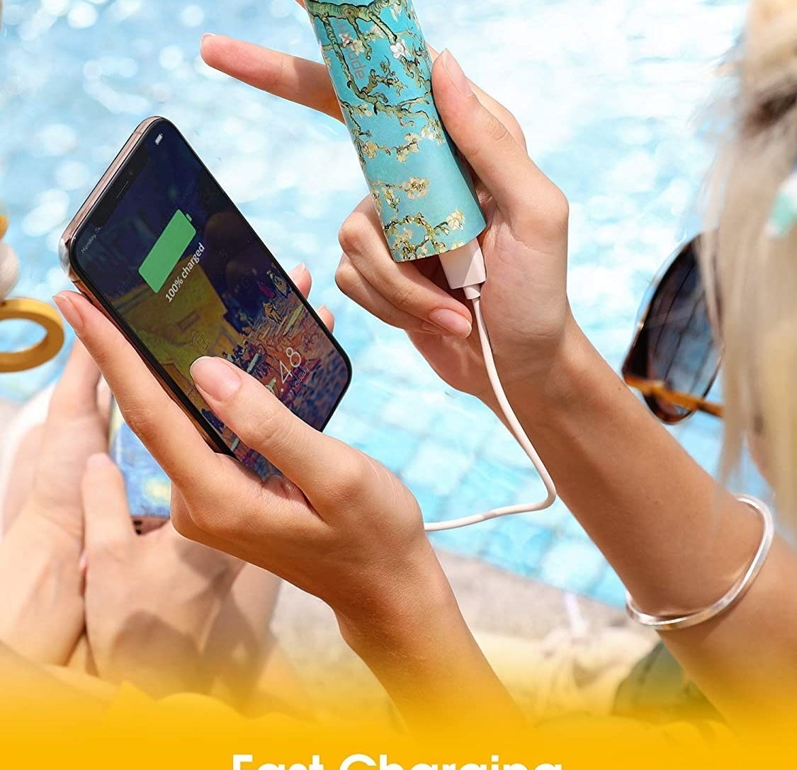 A person uses the power bank to charge up their cell phone