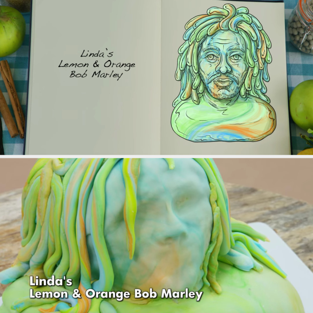 A drawing of Linda&#x27;s Bob Marley cake side-by-side with her finished product
