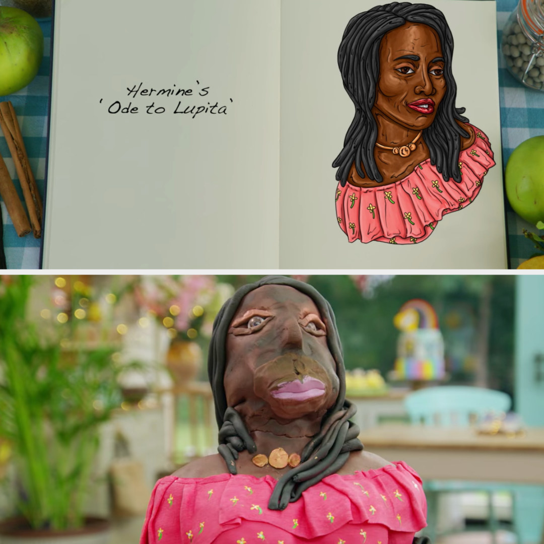 A drawing of Hermine&#x27;s Lupita Nyong&#x27;o cake side-by-side with her finished product