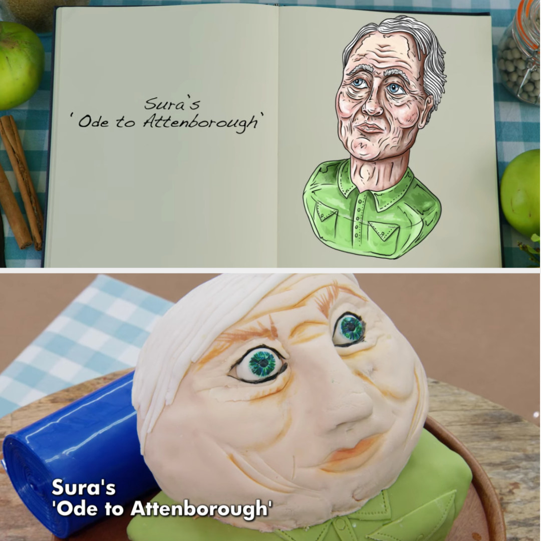 A drawing of Sura&#x27;s David Attenborough bust side-by-side with her finished product, which ended up being a bit too heavy in the head, so she had to prop it up