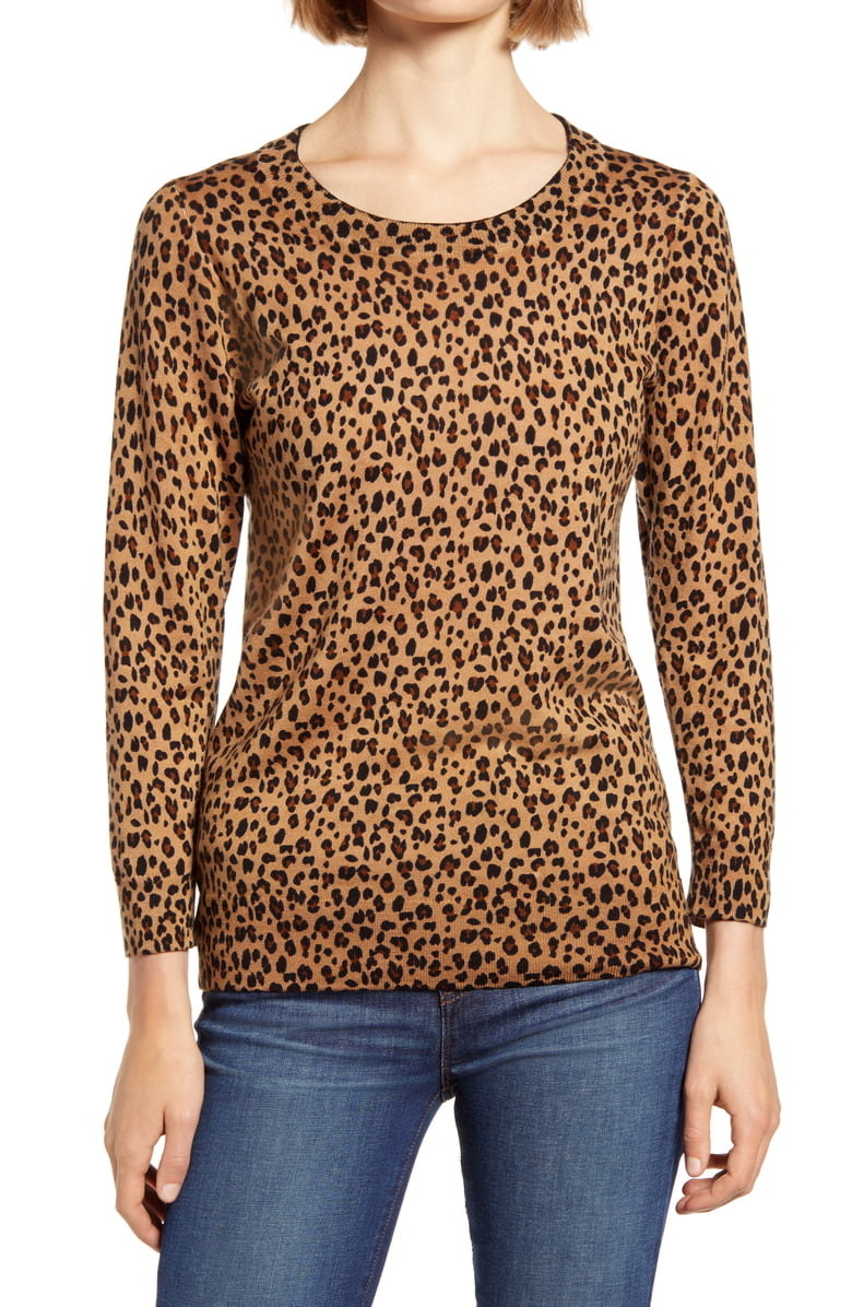 A model wearing the leopard-print sweater