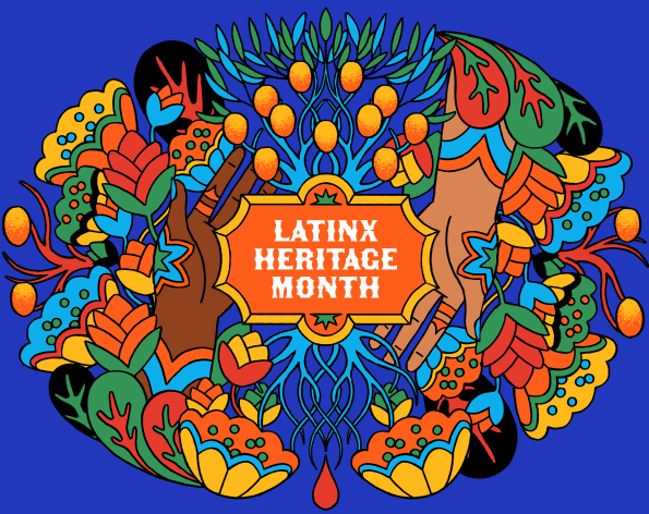 A colorful collage of flowers with the phrase &quot;Latinx Heritage Month&quot; in the middle. 