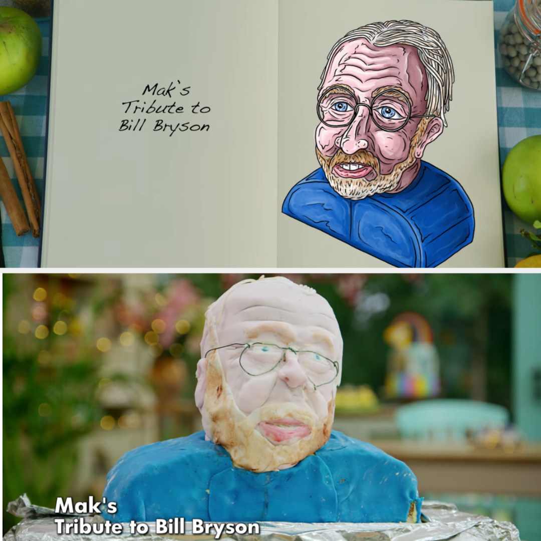 A drawing of Mak's Bill Bryson bust side-by-side with his finished product