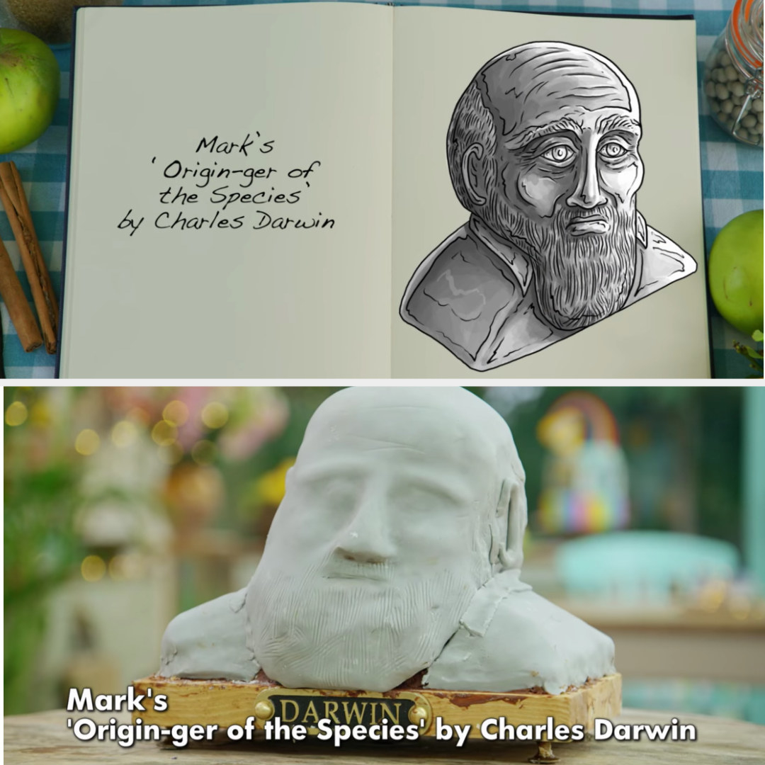 A drawing Mark&#x27;s Charles Darwin bust side-by-side with his finished product