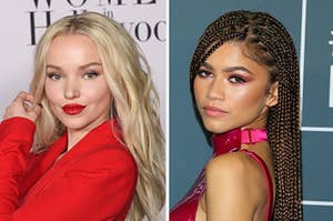 Dove Cameron is posing on the left with Zendaya on the right