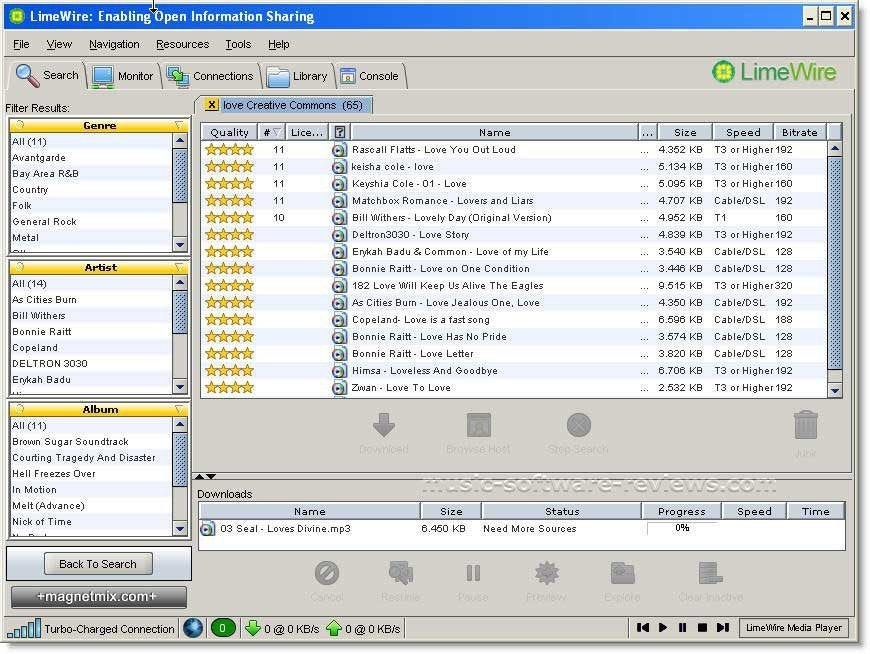 A screenshot of the LimeWire homepage with songs being downloaded