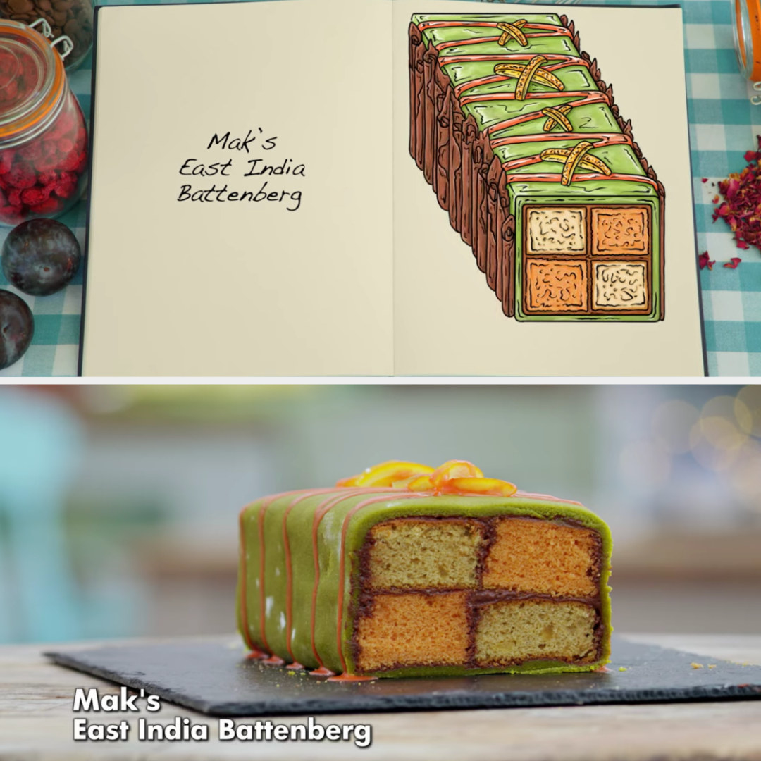 A drawing Mak&#x27;s orange and spiced stem ginger sponges with Pistachio marzipan side-by-side with his finished product