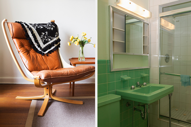 A comfy looking brown leather chair with a throw blanket over it on the left. and a seafoam green bathroom on the left with tiles covering the wall