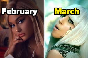 Ariana Grande is on the left labeled, "February" with Lady Gaga on the right labeled, "March"