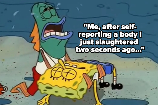 A life-guard fish from Spongebob holding Spongebob's body and sobbing with text reading