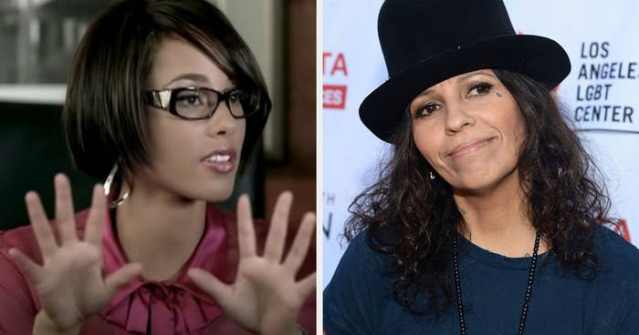 Alicia Keys in the "Superwoman" music video, wearing glasses and business attire; Linda Perry smiling at a red carpet event