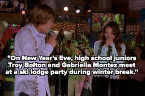 Troy and Gabriella meeting at a ski lodge party during winter break
