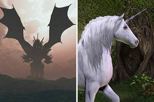 On the left, a dragon in the sky, and on the right, a unicorn in a forest