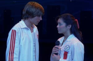 Troy and Gabriella about to sing on stage in front of their whole class