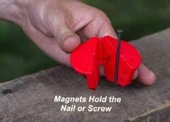 The gadget open, showing how magnets hold the nail in place
