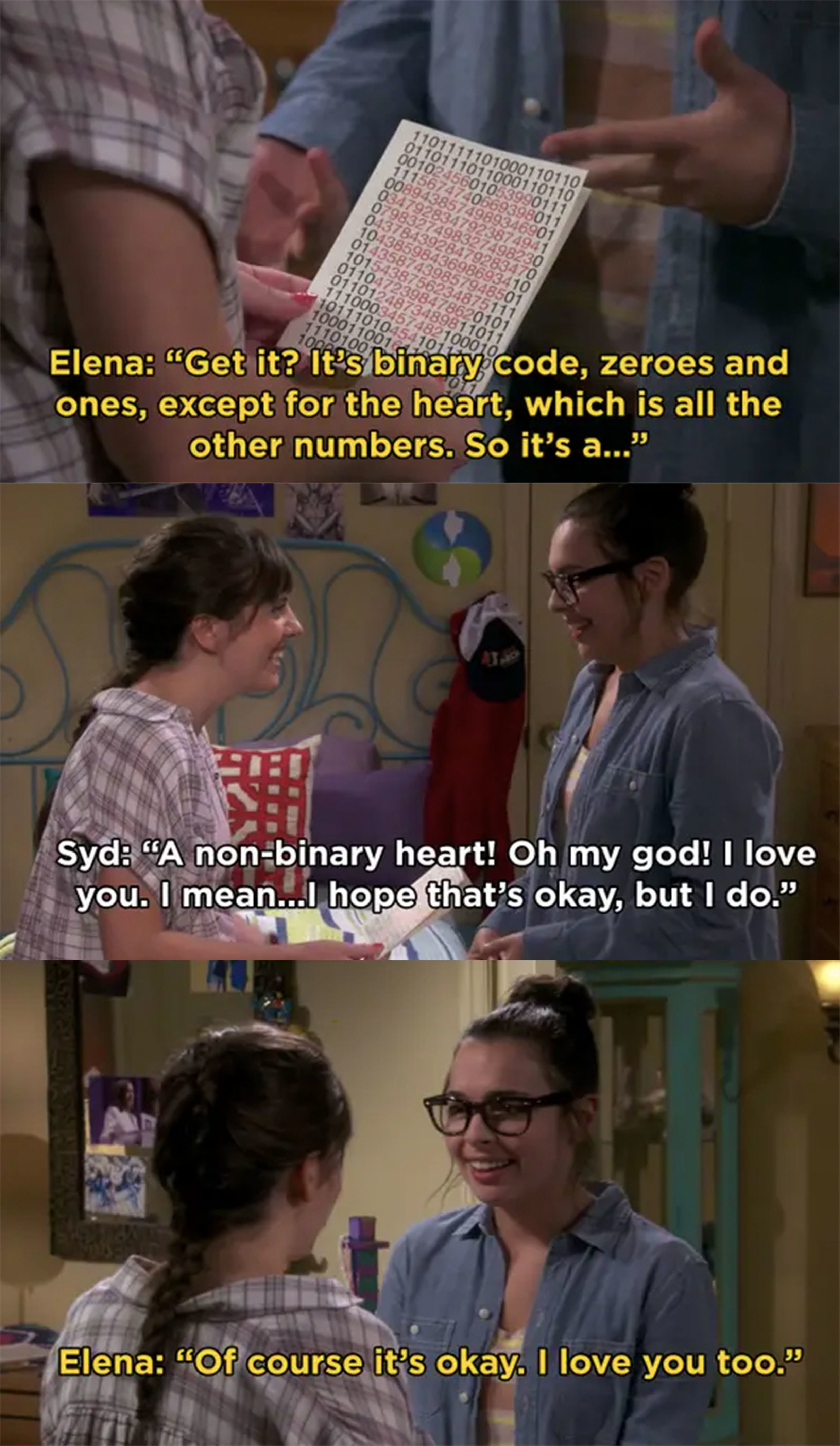 Elena: &quot;It&#x27;s binary code, zeroes and ones, except for the heart.&quot; Syd: &quot;A non-binary heart! ... I love you, I mean, I hope that&#x27;s okay, but I do.&quot; Elena: &quot;Of course it&#x27;s okay. I love you too&quot;