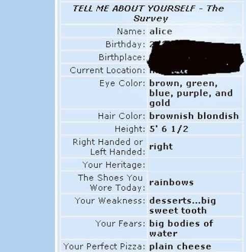 A Myspace &quot;Tell Me About Yourself&quot; survey 