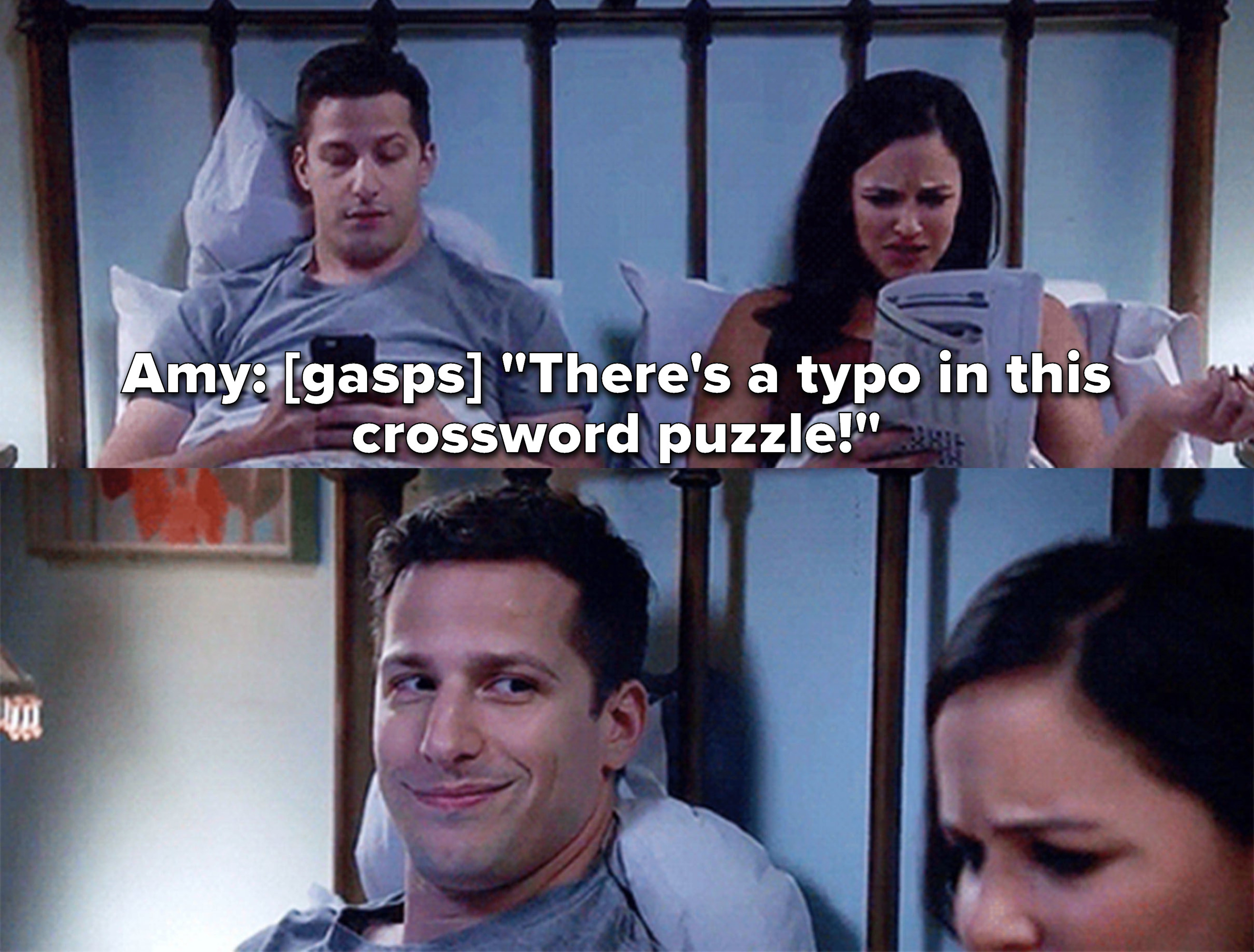 Amy gasps audibly about a typo in the crossword puzzle and Jake smiles at her