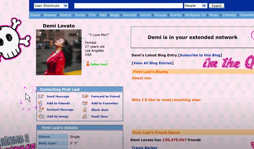 A screen shot of a fake Myspace page for Demi Lovato