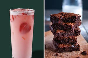 On the left, a Starbucks Pink Drink, and on the right, a stack of brownies
