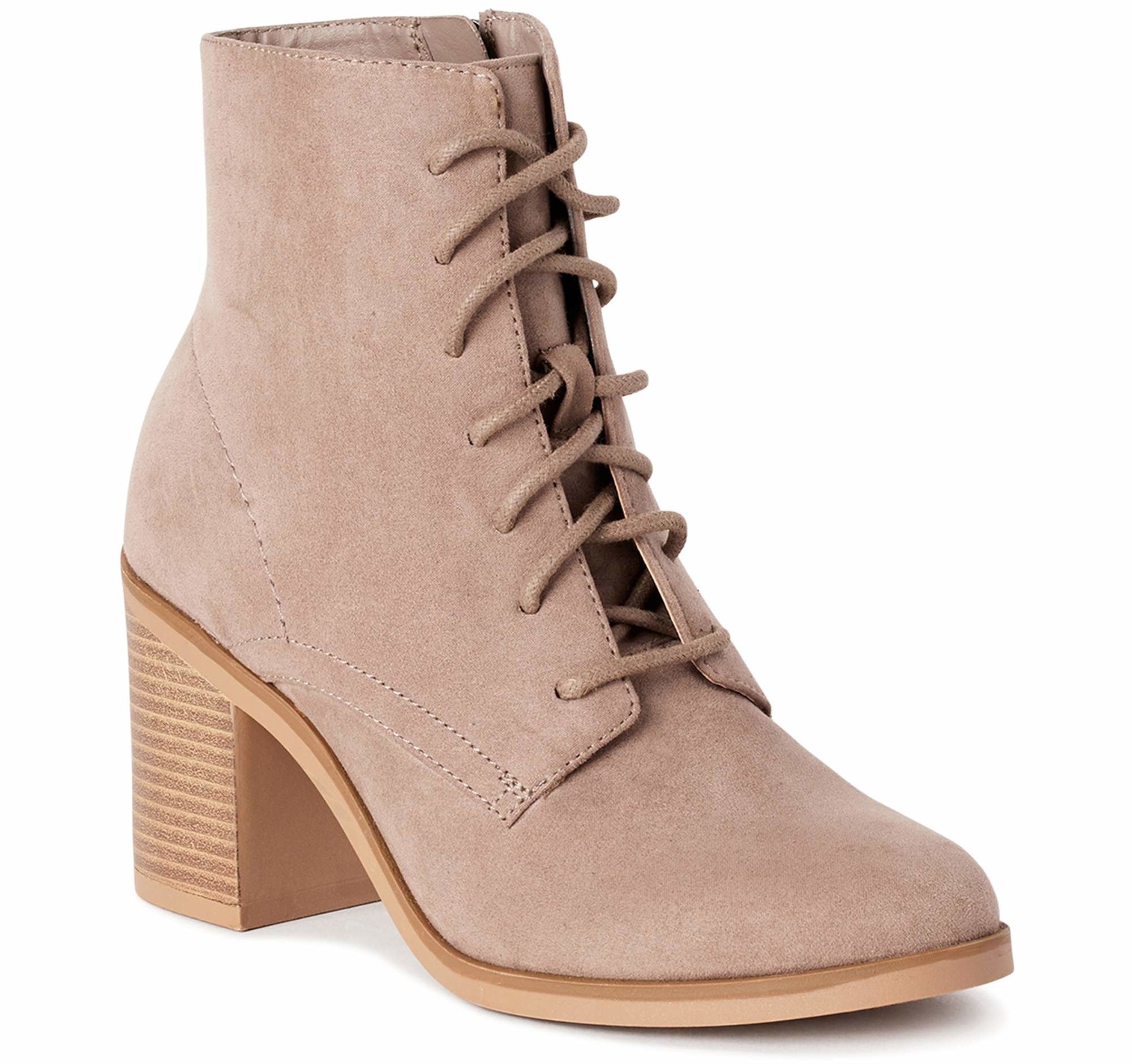The lace up heel bootie in taupe