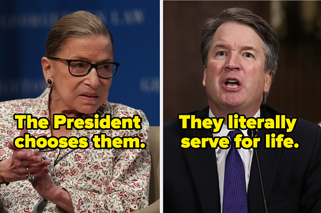 Rutth Bader Ginsberg with the text, "The president chooses them" and Brett Kavanaugh with the text "They literally serve for life"