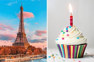 An image of the eiffel tower next to an image of a cupcake