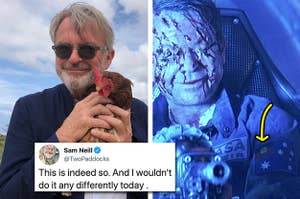 Side by side of Sam Neill holding a chicken and his character from "Event Horizon" with an Aboriginal flag on his uniform