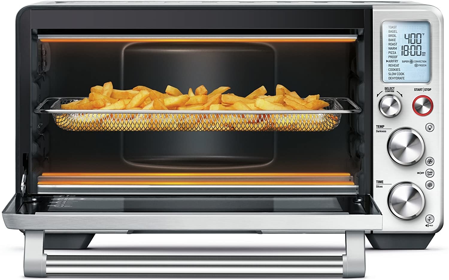 French fries air frying on a rack in the Breville smart oven.