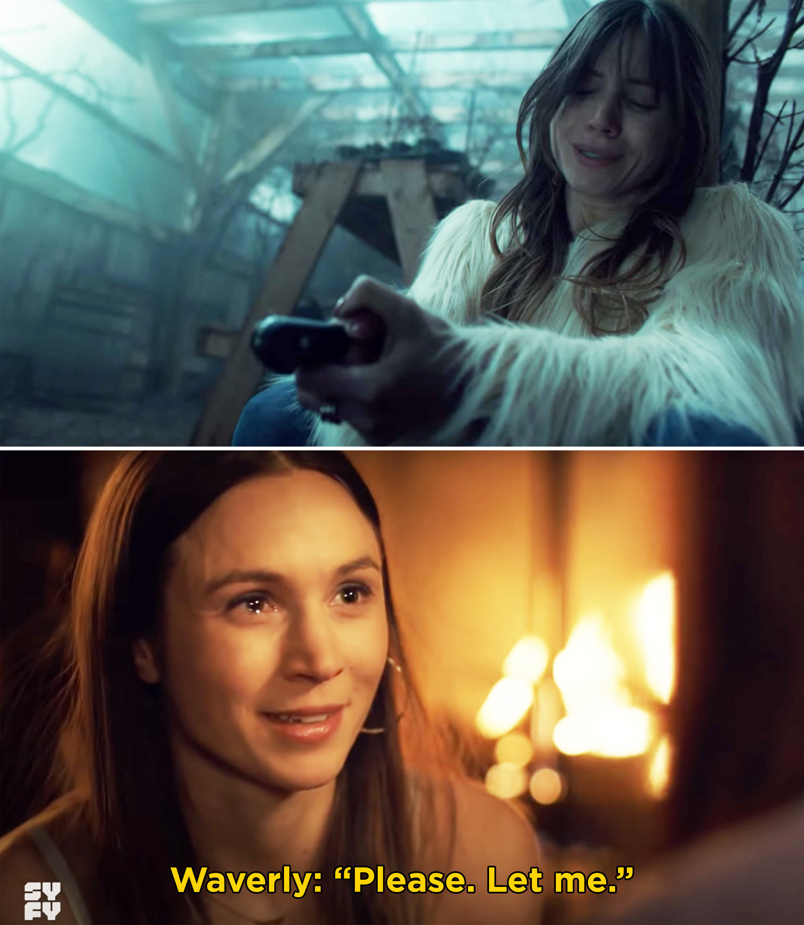 Waverly crying while holding a knife to her chest and then Waverly saying, &quot;Please. Let me&quot; in front of a fire