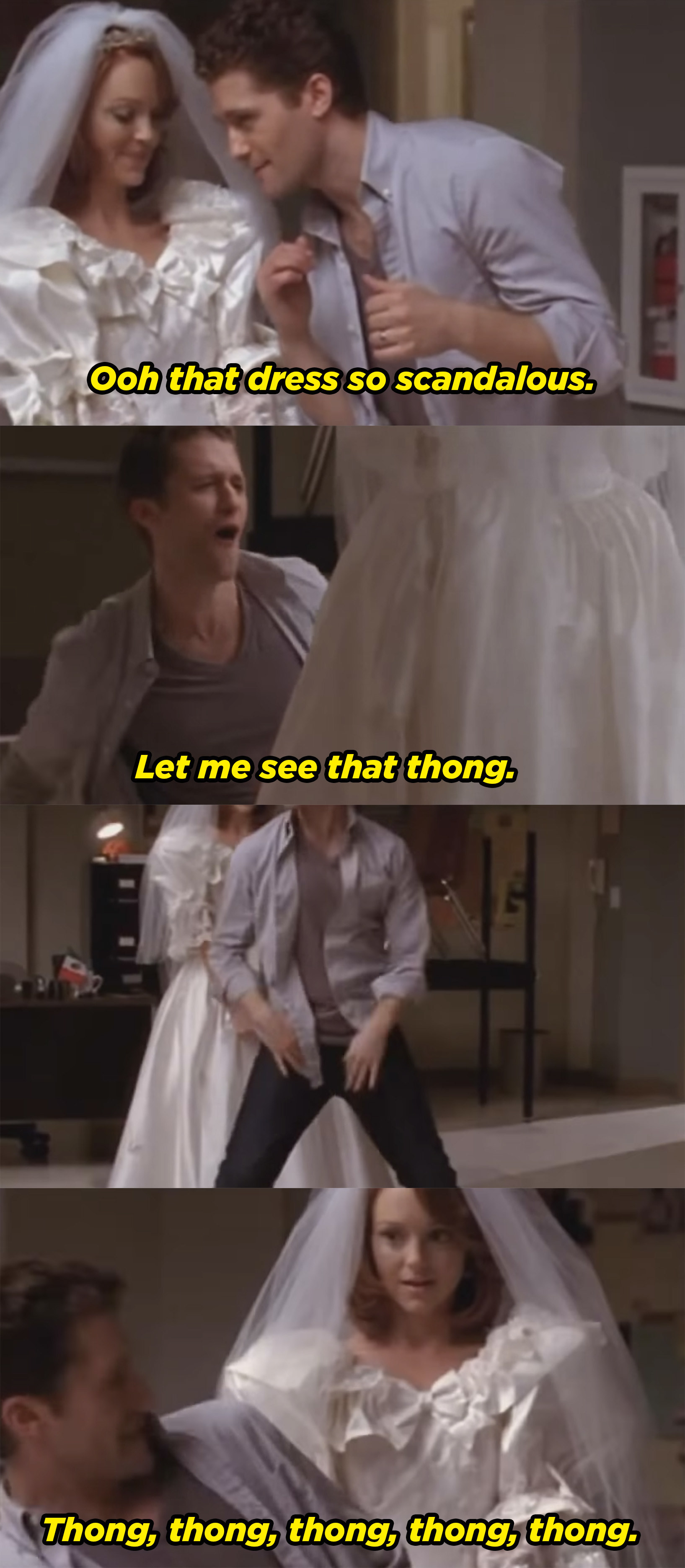 Mr. Schue singing the &quot;Thong Song&quot; to Emma while she wears Princess Di&#x27;s big poufy wedding dress.