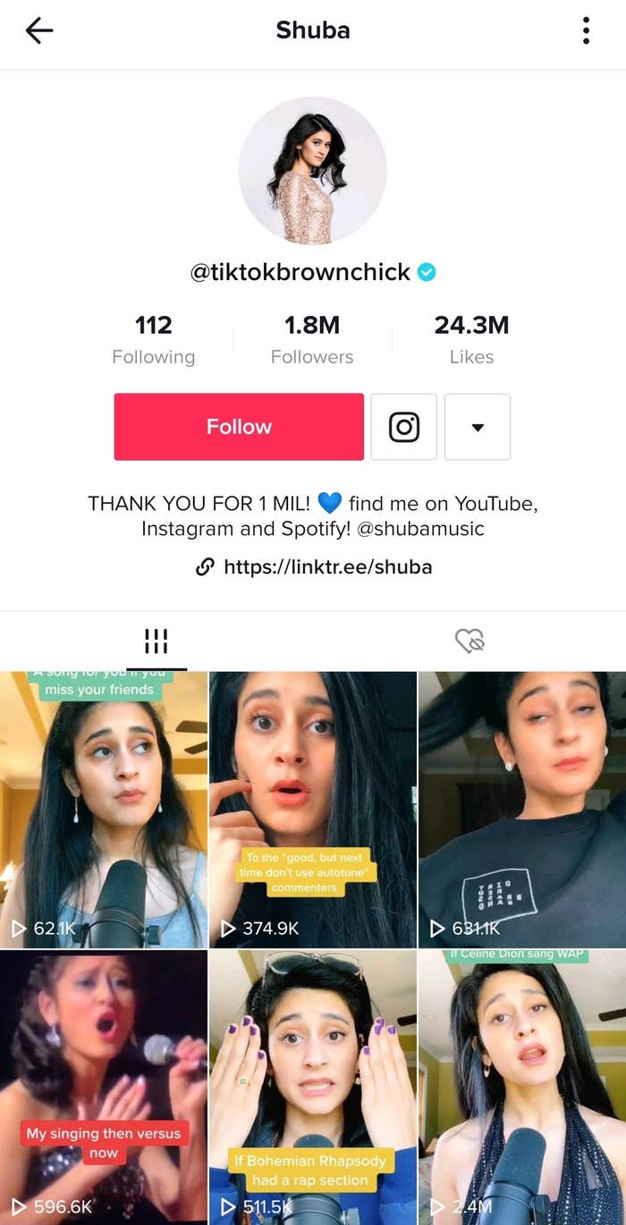 Shuba&#x27;s TikTok page, where she has over 1.8 million followers