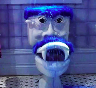 a toilet with a creepy talking toilet