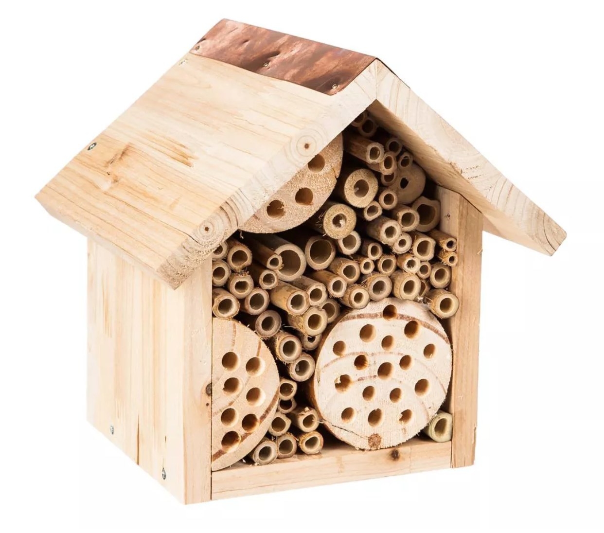 A bee hive that&#x27;s made of wood and shaped like a house