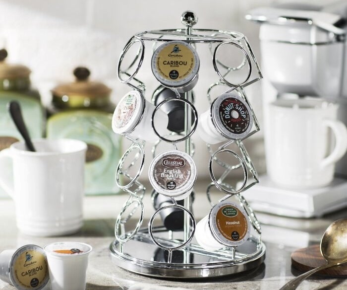 The rotating organizer holding various K-Cups