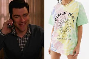 Schmidt from New Girl on the left and an oversized tie dye shirt on the right 