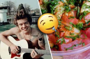 Harry Styles playing guitar shirtless next to a poké bowl