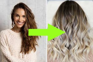 picture of a girl with brown hair and then with blonde balayage highlights