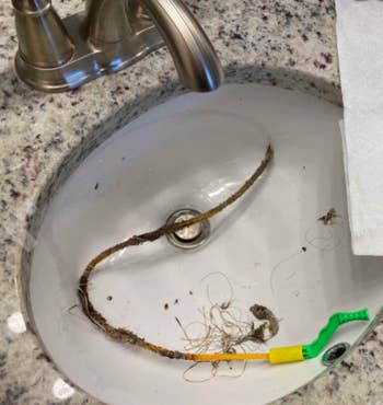 Reviewer shows hair and debris lifted out of bathroom sink by the Millipede
