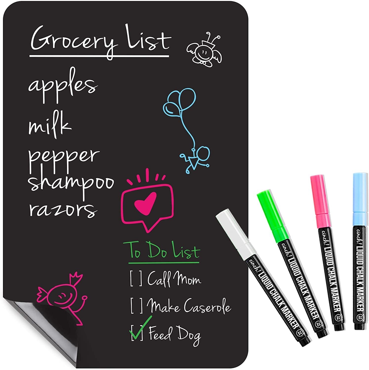 Flexible black dry erase board with white, gree, pink, and blue pens