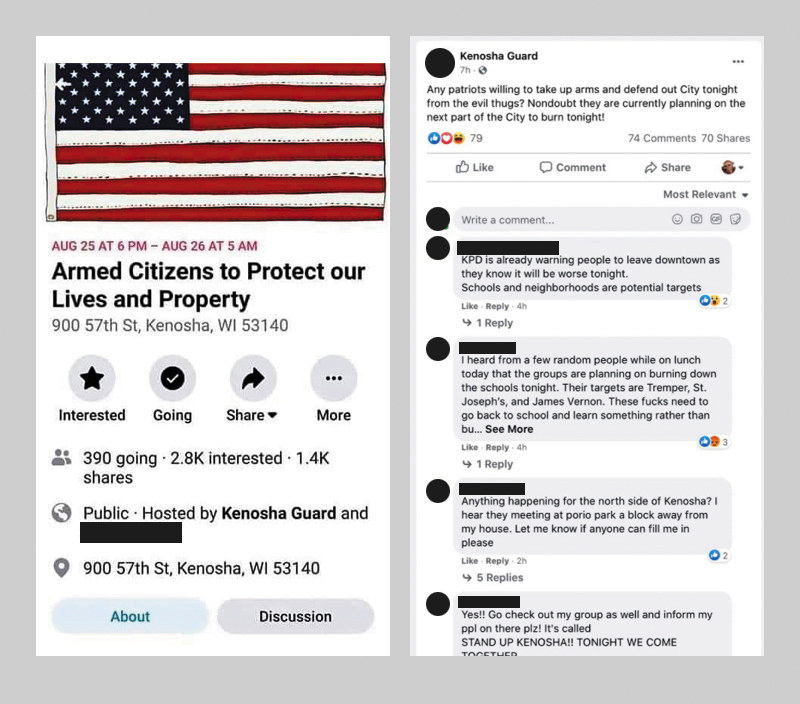 Screenshots from the Kenosha Guard Facebook event where members discuss meeting up to &quot;defend&quot; Kenosha