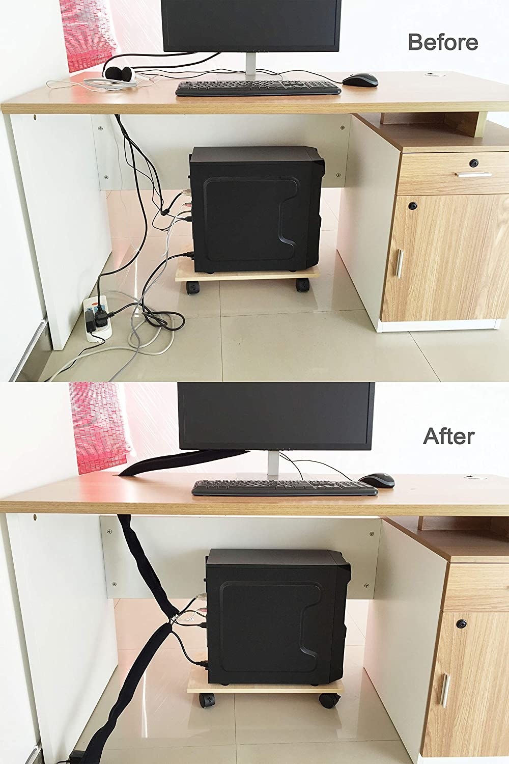 Before and after image of black cable management sleeves organizing cords from a computer tower