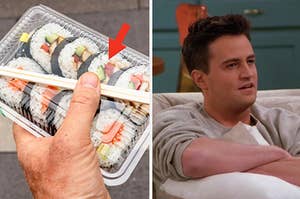 A man holding a box of sushi on the left and Chandler Bing on the right 