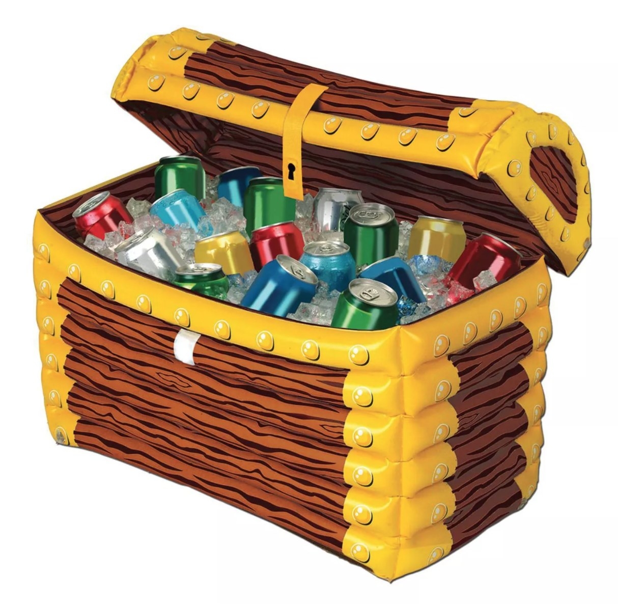 A blow-up ice chest that looks like a treasure chest